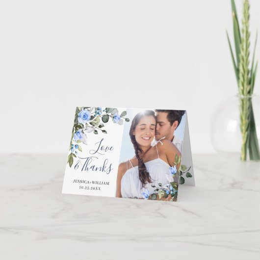 ユーカリエレガントプスターブルーバラ写真シンプル サンキューカード (正面)