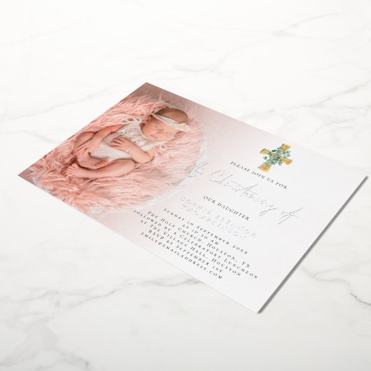 ユーカリエレガントプタスクロスカト《キリスト教》洗礼式や命名式実在 箔招待状 (回転した状態)