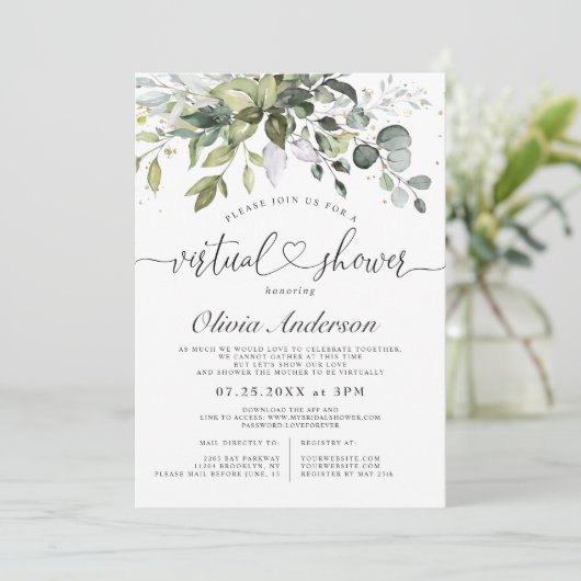 ユーカリエレガントプタスニュートラル仮想ベビーシャワー 招待状 (スタンド正面)