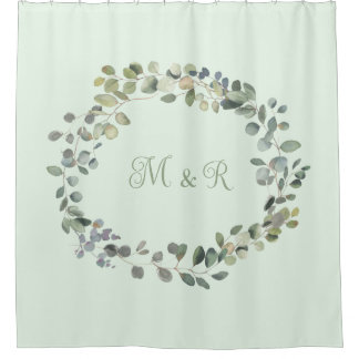 ユーカリエレガントプタスボタニカルグリーナリーモノグラム シャワーカーテン