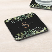 ユーカリエレガントプタス植物性金ゴールドモノグラムスクリプト コースター (左側)