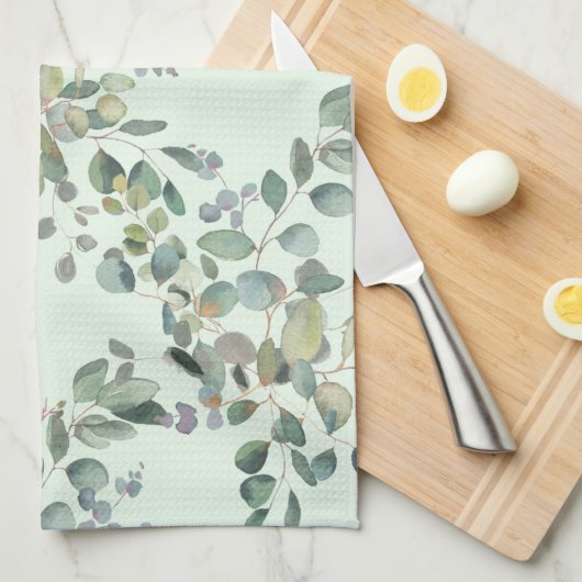 ユーカリエレガントプタス植物水色の緑 キッチンタオル (四つ折り)