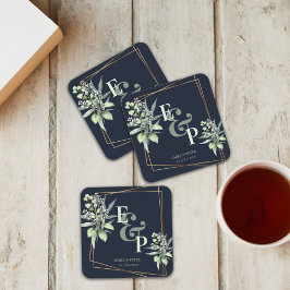 ユーカリエレガントプツモノグラム緑の結婚披露宴 スクエアペーパーコースター