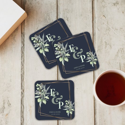 ユーカリエレガントプツモノグラム緑の結婚披露宴 スクエアペーパーコースター