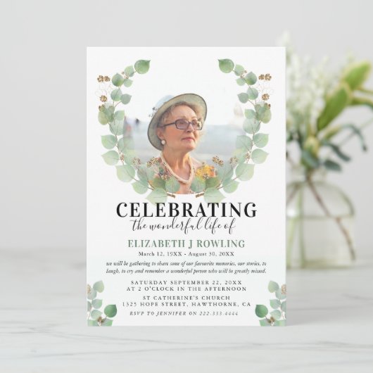 ユーカリエレガントプトゥスの人生の写真お祝い 招待状 (スタンド正面)