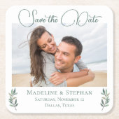 ユーカリエレガントプトゥスの葉の写真の日付を保存 スクエアペーパーコースター (正面)