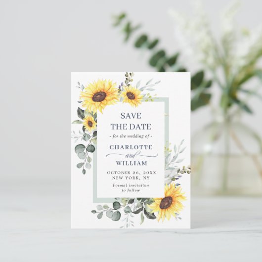 ユーカリエレガントプトゥスひまわり結婚式の日付を保存 ポストカード (スタンド正面)