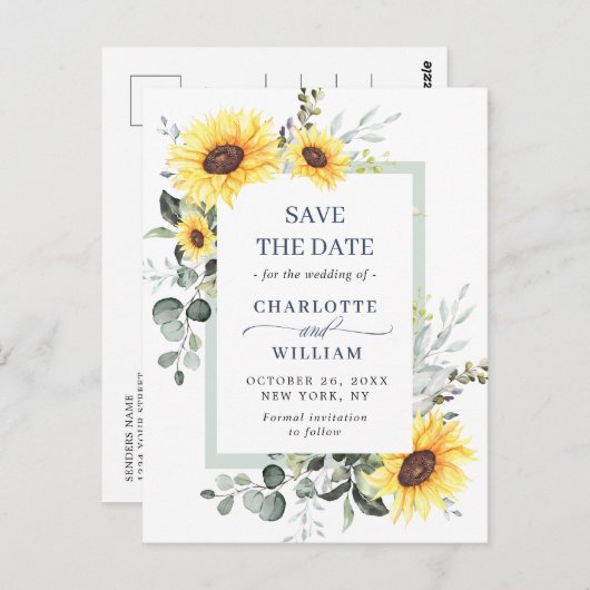 ユーカリエレガントプトゥスひまわり結婚式の日付を保存 ポストカード (正面/裏面)