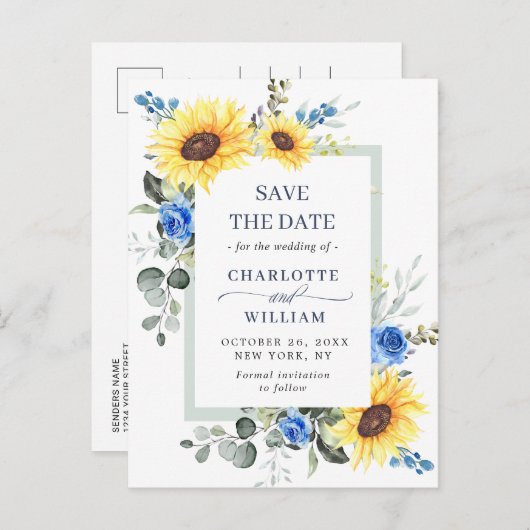 ユーカリエレガントプトゥスひまわり結婚式の日付を保存 案内ポストカード (正面/裏面)