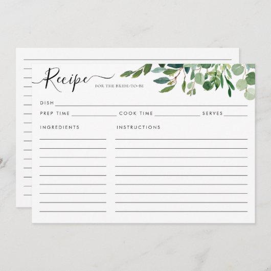 ユーカリエレガントプトゥスグリーンブライダルシャワーレシピカード (正面/裏面)