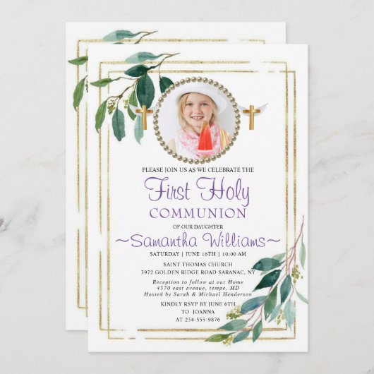 ユーカリエレガントプトゥスゴールデンファーストコミューニオン招待状 招待状 (正面/裏面)