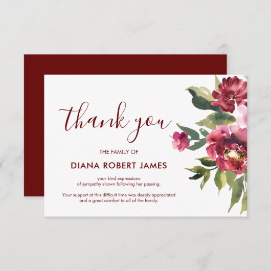 ユーカリエレガントプトゥスブルゴーニュタイポグラフィ悔やみや弔慰 サンキューカード (正面/裏面)