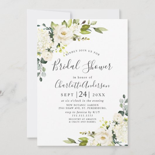 ユーカリエレガントプトゥスホワイトローズブライダルシャワー 招待状 (正面)