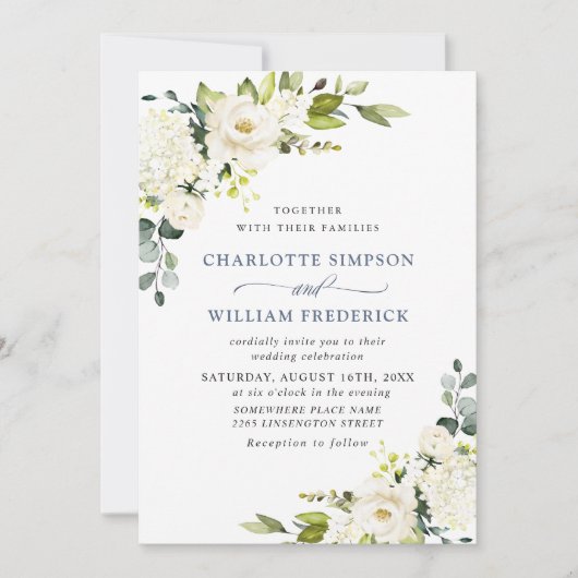 ユーカリエレガントプトゥスホワイトローゼズグリーンリー結婚ズ 招待状 (正面)