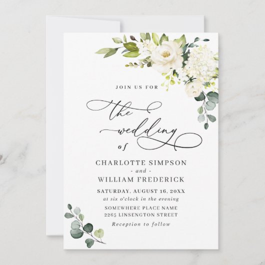 ユーカリエレガントプトゥスホワイトローゼズグリーンリー結婚ズ 招待状 (正面)