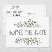 ユーカリエレガントプトゥスボホグリーン結婚リー セーブザデート (正面/裏面)