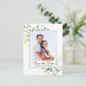 ユーカリエレガントプトゥス写真結婚式の日付を保存 ポストカード (スタンド正面)