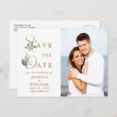 ユーカリエレガントプトゥス写真結婚式の日付を保存 案内ポストカード (正面/裏面)