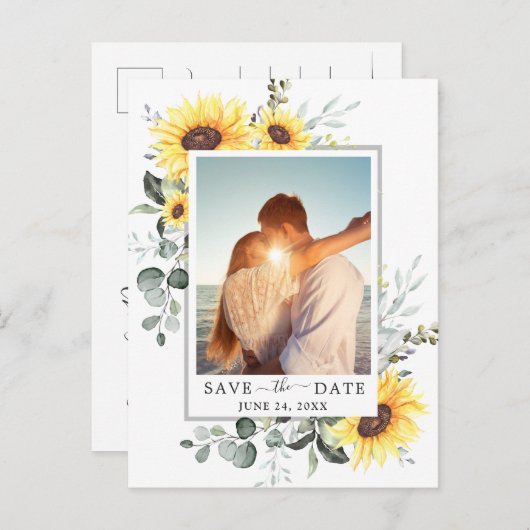 ユーカリエレガントプトゥス写真結婚式の日付を保存 案内ポストカード (正面/裏面)