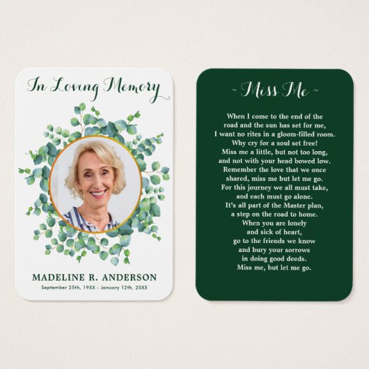 ユーカリエレガントプトゥス写真葬儀祈りの言葉カード (正面&裏面)