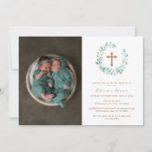 ユーカリエレガントプトゥス写真金ゴールドクロスバプテスマ 招待状 (正面)