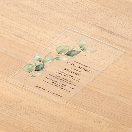 ユーカリエレガントプトゥス水彩ブライダルシャワー アクリル招待状 (レイダウン)