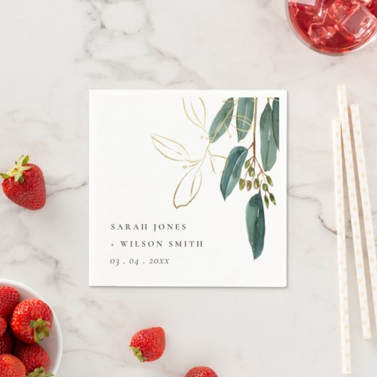 ユーカリエレガントプトゥス緑の金ゴールドの結婚葉 スタンダードカクテルナプキン (インサイチュ)