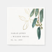 ユーカリエレガントプトゥス緑の金ゴールドの結婚葉 スタンダードカクテルナプキン (正面)