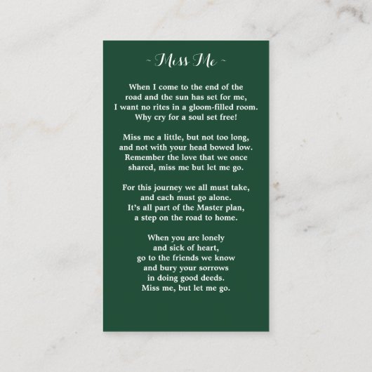 ユーカリエレガントプトゥス記念葬儀祈りの言葉カード コーリングカード (裏面)