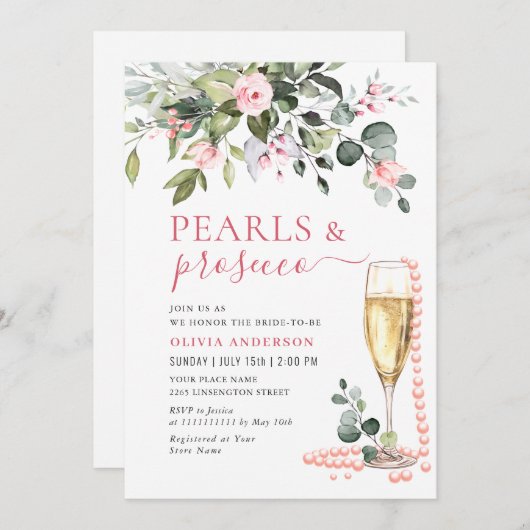 ユーカリエレガントプピンクの花PEARLS & Prosecco 招待状 (正面/裏面)