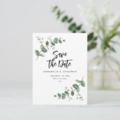 ユーカリエレガントモダンウエディングは日付ポーを保存 ポストカード (スタンド正面)