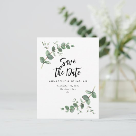 ユーカリエレガントモダンウエディングは日付ポーを保存 ポストカード (スタンド正面)