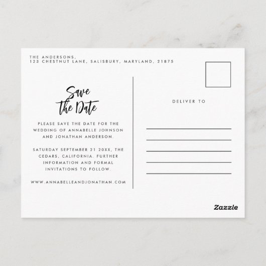 ユーカリエレガントモダンウエディングは日付ポーを保存 ポストカード (裏面)