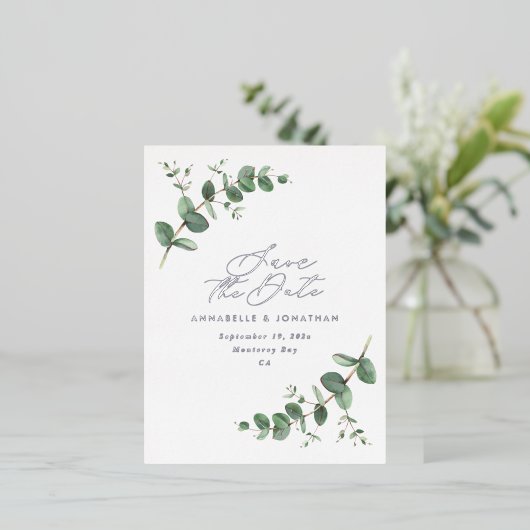 ユーカリエレガントモダンウエディングは日付ポーを保存 箔シーズンポストカード (立ち正面)