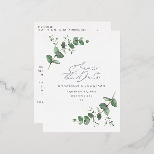 ユーカリエレガントモダンウエディングは日付ポーを保存 箔シーズンポストカード (正面/裏面)