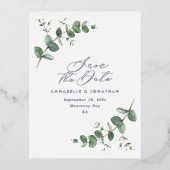 ユーカリエレガントモダンウエディングは日付ポーを保存 箔シーズンポストカード (正面)