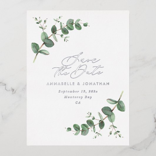 ユーカリエレガントモダンウエディングは日付ポーを保存 箔シーズンポストカード (正面)