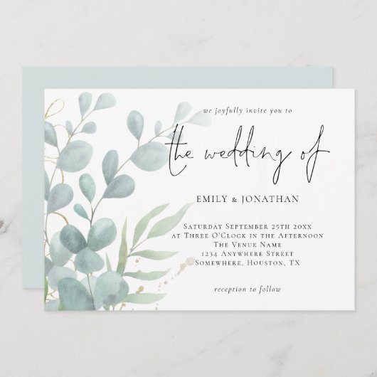 ユーカリエレガントモダンプータスブルー結婚ズインビ 招待状 (正面/裏面)