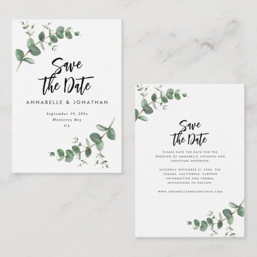 ユーカリエレガントモダン結婚式の日付を保存 ノートカード (正面/裏面)