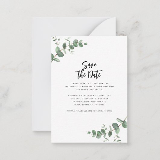 ユーカリエレガントモダン結婚式の日付を保存 ノートカード (裏面)