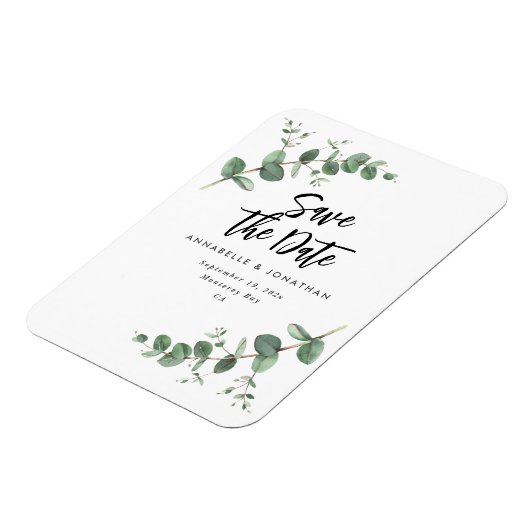 ユーカリエレガントモダン結婚式の日付を保存 マグネット (左側)