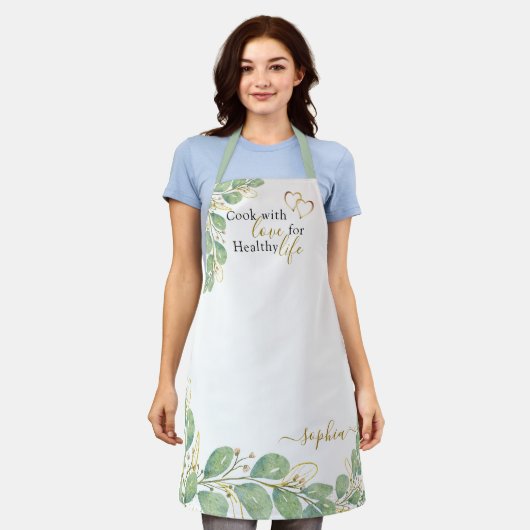 ユーカリエレガントモノグラムのライナリーキッチン エプロン (着用した状態)