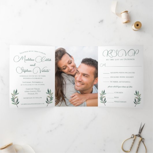 ユーカリエレガントルリーフモダンフォト秋の結婚式 三つ折り招待状 (内部)