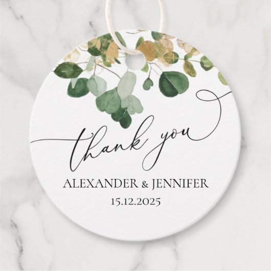 ユーカリエレガントー・グリーン・金ゴールドフォイル結婚ズ・クラス フェイバータグ (正面)