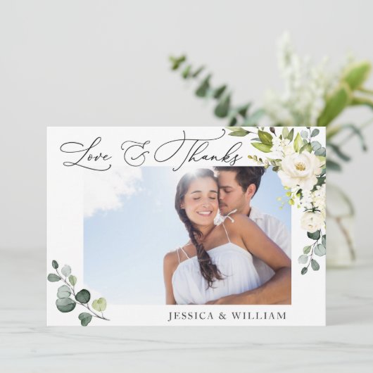 ユーカリエレガント白バラ写真フローラ サンキューカード (スタンド正面)