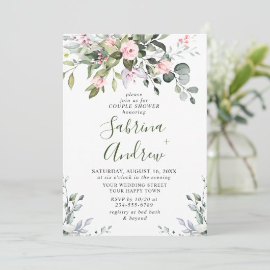 ユーカリエレガント赤面バラカップルのシャワー 招待状 (スタンド正面)