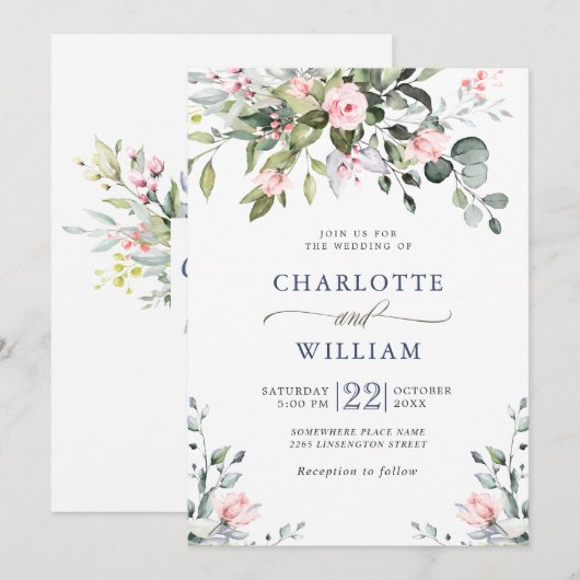 ユーカリエレガント赤面バラグリーンリー結婚ズ 招待状 (正面/裏面)