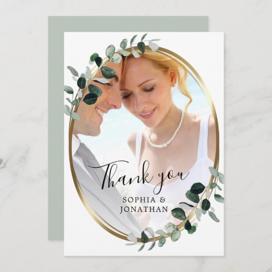 ユーカリエレガント金ゴールドスクリプ結婚ト写真感謝していの サンキューカード (正面/裏面)