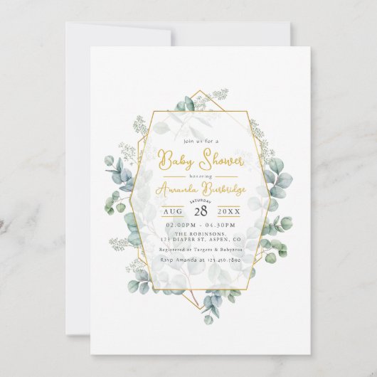 ユーカリエレガント・金ゴールド幾何学的ベビーシャワー 招待状 (正面)