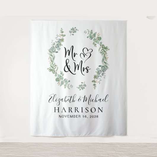 ユーカリグリーンのウェディングフォトブース - 結婚式の写真撮影に タペストリー (正面)